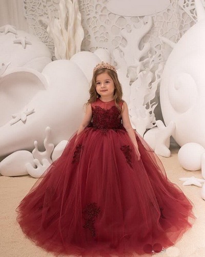 Burgundy Flower Girl Dress Wedding Easter Graduation Communion Bridesmaid Dress - Picture 2 of 6