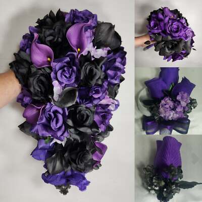 Purple Black Rose Calla Lily Bridal Wedding Bouquet Accessories