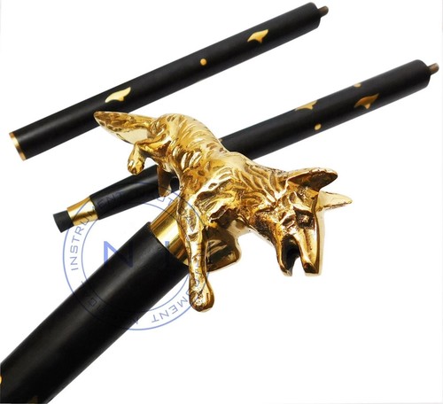 Solid Brass Walking Stick fox head handle Vintage black wooden handmade Cane New - Picture 3 of 8
