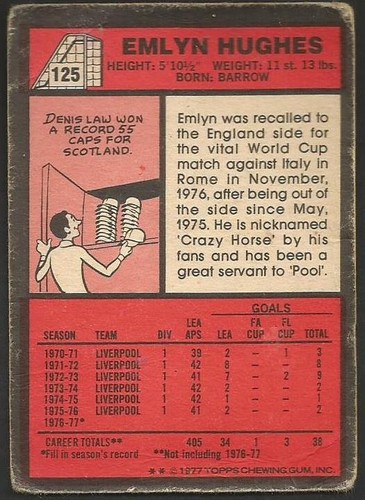 Topps 1977 Footballers #125 - Liverpool & England - Emlyn Hughes - Bild 2 von 2