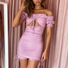 Beginning Boutique Pink Ruched Mini Dress Puff Sleeve Cut Out AU 8