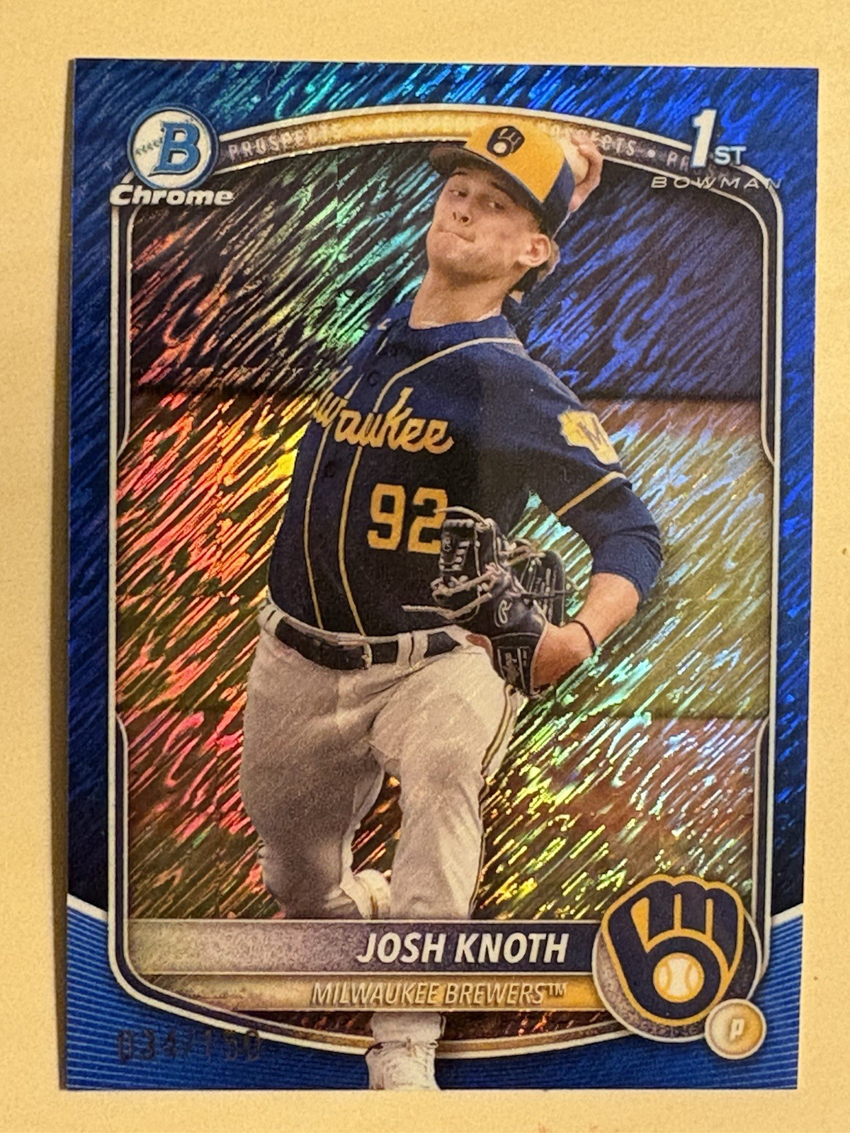 2025 Bowman Chrome Josh Knoth Blue Shimmer Refractor /150 1st Brewers