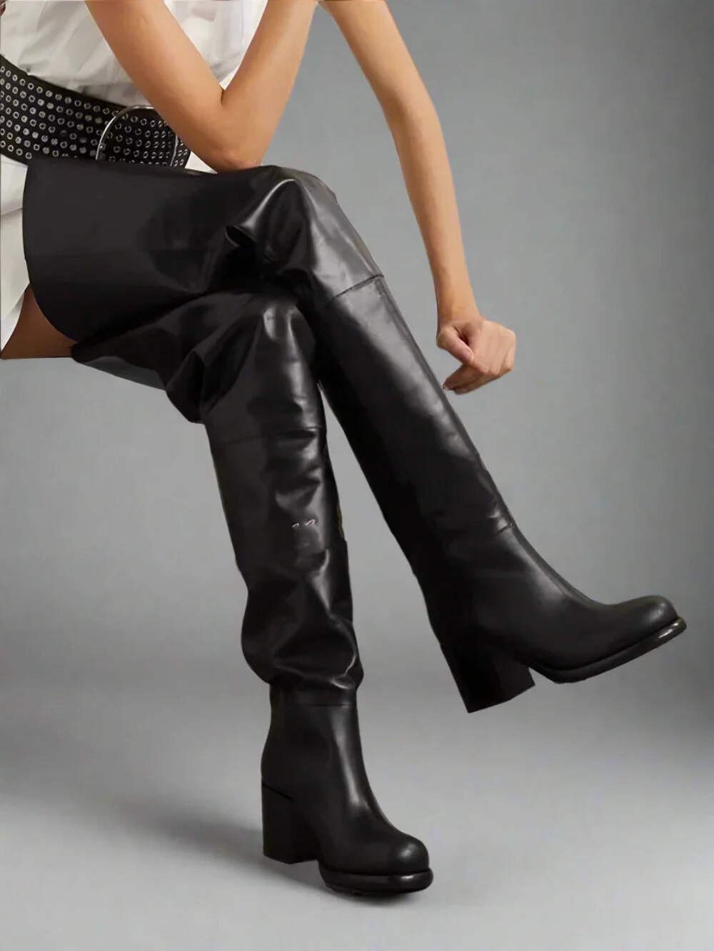 Thigh High Boots | Loose Fit Faux Leather Over-Sized Pocket Boots 10cm Heel