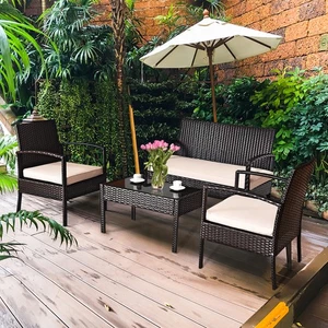 Costway 4PCS Patio Rattan Furniture Set Cushioned Seat Glass Table