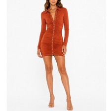 A.L.C. Larsen Dress Women's Small Brandy Brown Ruched Mini Collared Sleek Fitted