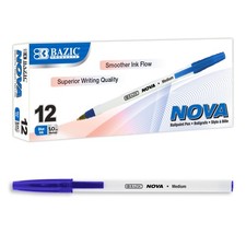 BAZIC Nova Blue Ballpoint Pens 1.0mm Bold Smooth Writing Office School 12-Pack