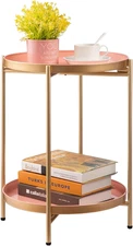 2-Tier round Gold Side Table, Outdoor Small Folding Accent Stand with Removable