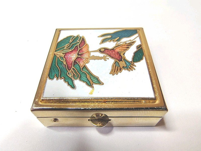 Hummingbird Pillbox Enameled Vintage Multicolor