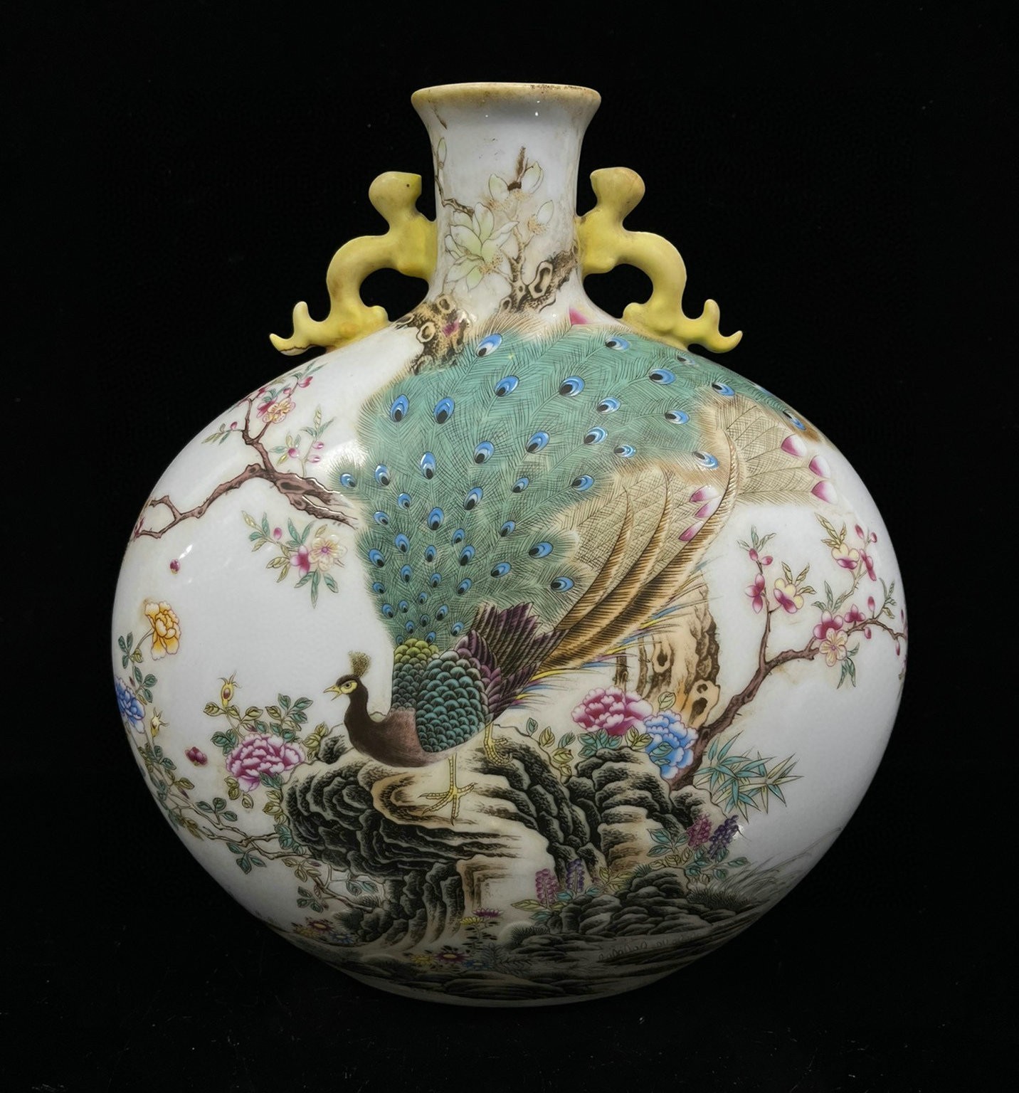11"Yongzheng Enamel Colour Porcelain Peacock Poems Word 2 Ear Flower Bottle Vase