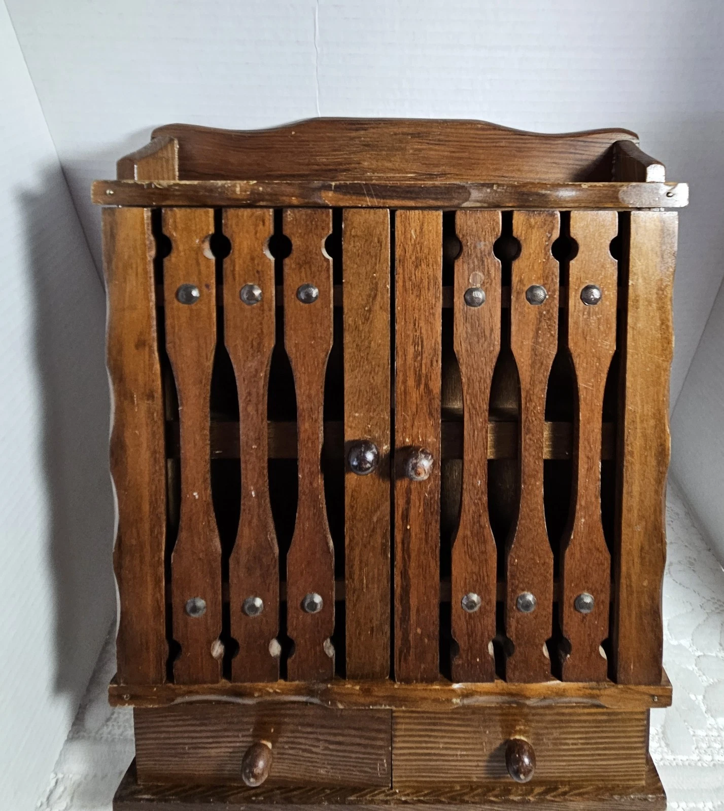1970s Wooden Spice Apothecary Rack Cabinet 2 Doors 2 Drawers Wall Decor