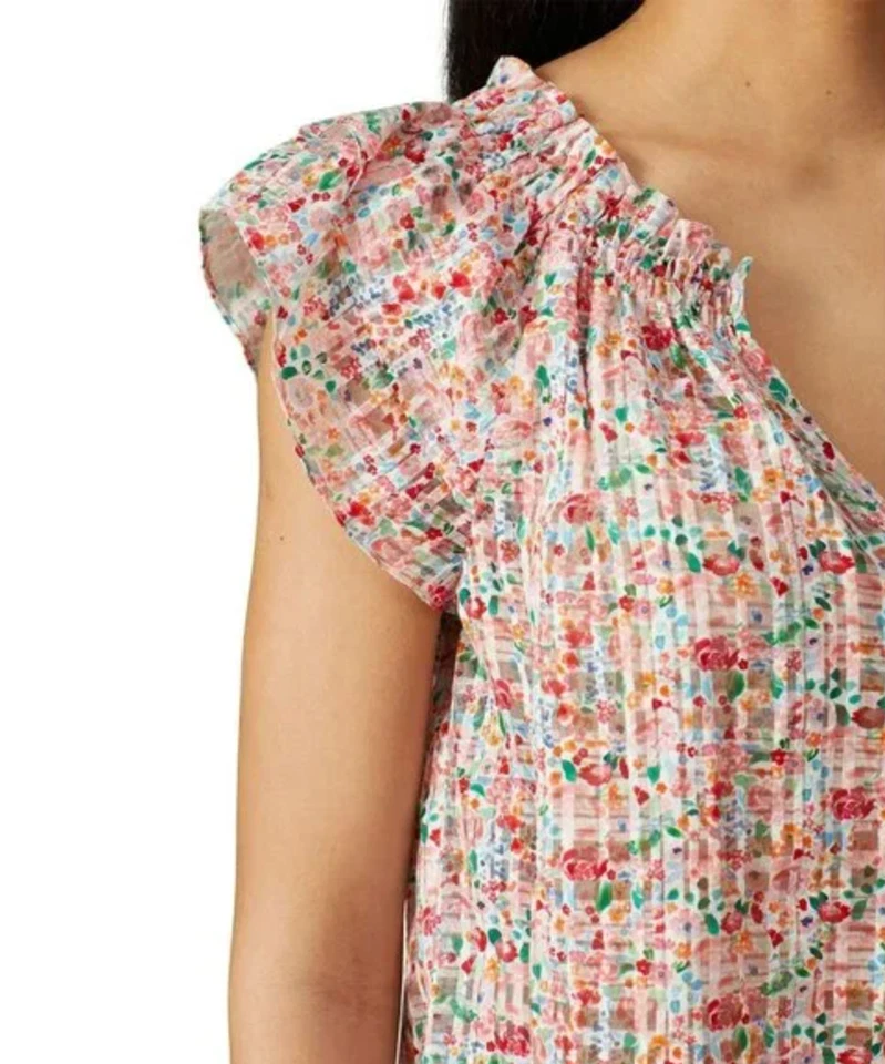 Top Shoshanna Talla Pequeña Multicolor Estampado Floral Rosa Manga Corta Semi Transparente Foto 4 de 4