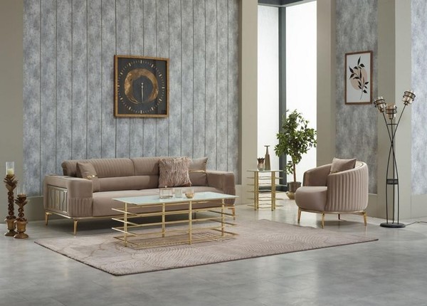 Sofagarnitur Polstersofa Dreisitzer Stoffsofa Sessel Beige Sofa 2Tlg-image