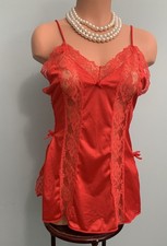 Vtg Nylon Lace Nightie Babydoll Negligee M 36/38 Red 80's