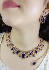 Indian Bollywood Gold Plated Ethnic AD CZ Jewelry Earrings Necklace Bridal Set