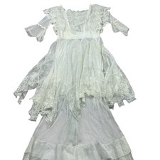 Antique Eduardian semi sheer net ivory lace layered ruffle dress XS Rare 