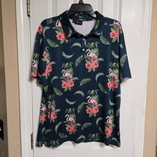 Yatta Golf Polo Shirt Mens Large Green Floral Flamingo Performance Preppy Beach