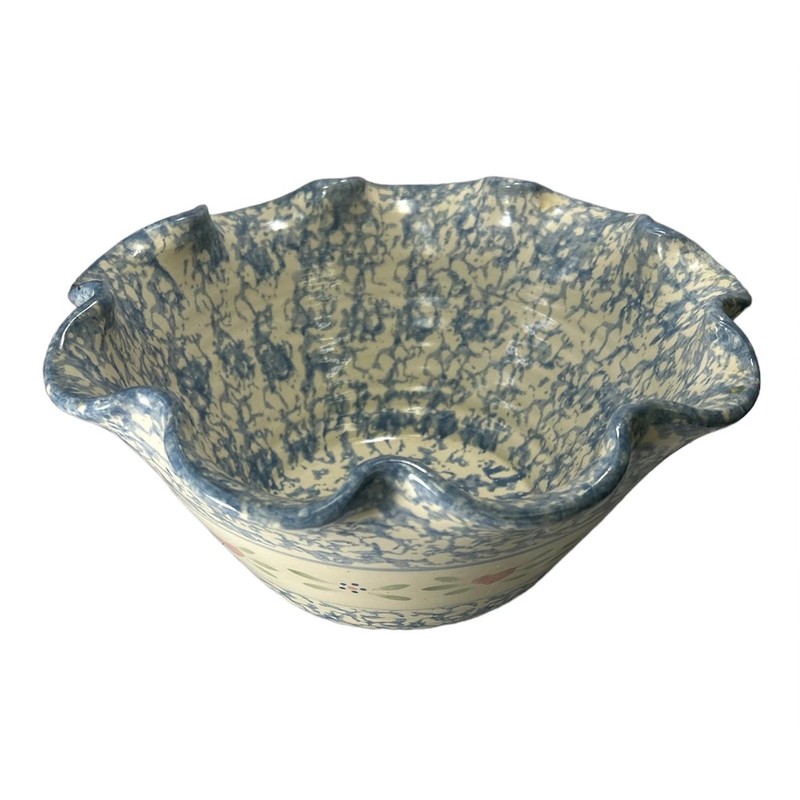 Vintage Marshall Pottery Spongewear Scalloped Edge Bowl East Texas Pottery 11"