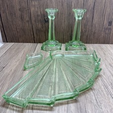 VINTAGE Art Deco Green Glass Dressing Table Set Trinket Dish & Candle Sticks