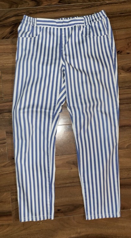 GU Womens Striped Tapered Ankle Pants Size L Blue/White Elastic Waist Pull On