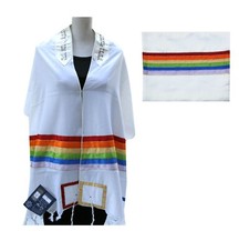 Tallit + Tallit Bag + Atara, White BG &amp; Colorful Rainbow Design ISRAEL 70x18"