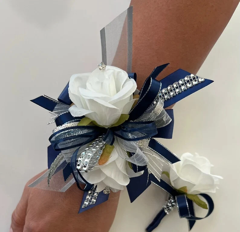 Wrist corsage prom wrist corsage navy blue and Gray wrist corsage homecoming