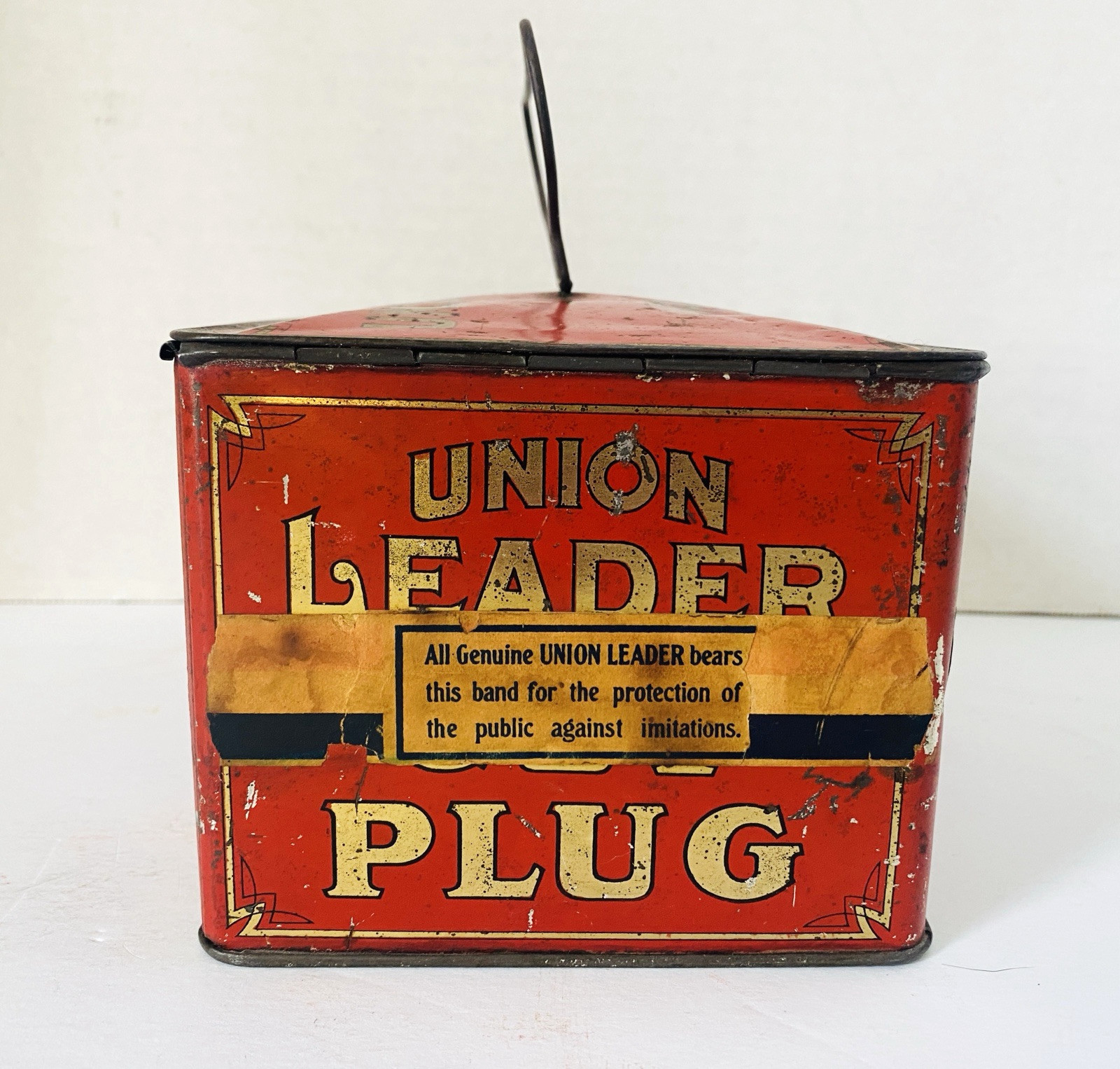 Vintage Union Leader Cut Plug Metal Tobacco Tin w/ Handle & Keeper Latch