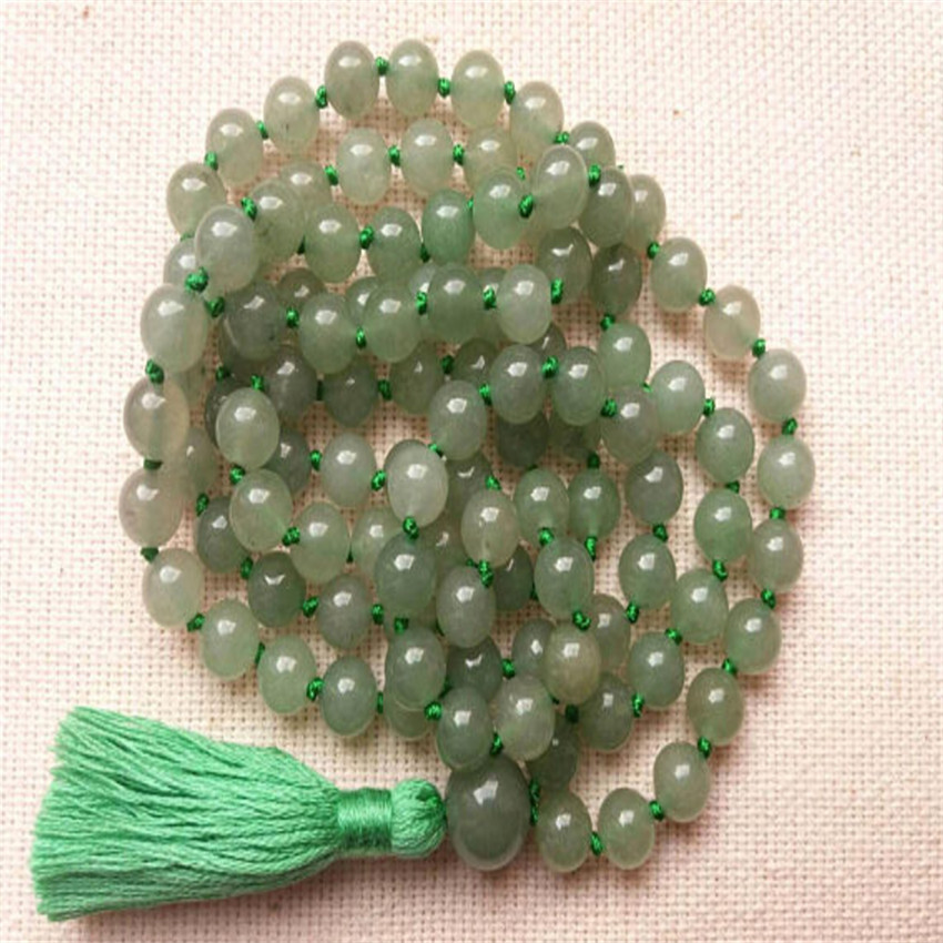 8mm Green chalcedony Gemstone 108 Beads Tassels Mala Necklace Meditation Zen