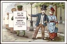 1891 Taunton Clothing Company Sandwich Board Advertising Victorian Trade Card