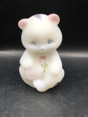 Fenton Hand Painted Satin Glass Sitting Bear Figurine Flowers Rose Buds Signed