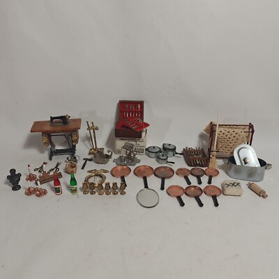 Vintage Doll House Kitchen Lot 45+ Miniature Pots Pans Utensil Boiler Wine Bust 