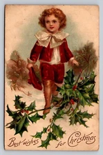 Postcard Boy Holly Best Wishes Christmas P545