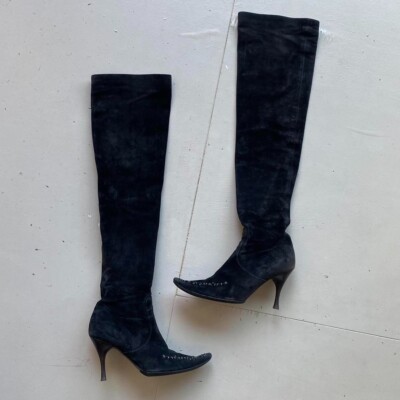Bottega Veneta vintage black suede leather pointed toe over the knee boots 36