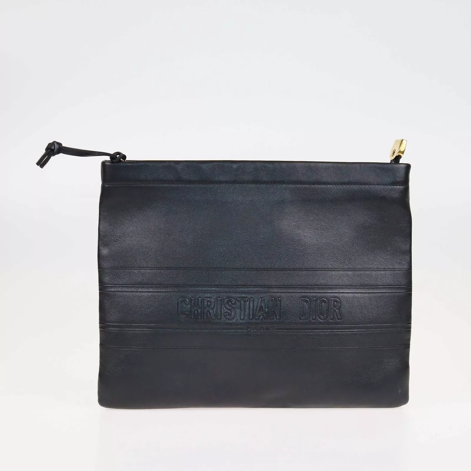 Pochette zippée Christian Dior noire avec logo en relief
