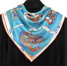 35"x35"Blue Art Horse Heads Print Pure Mulberry Twill Silk 14momme Scarf 88x88cm