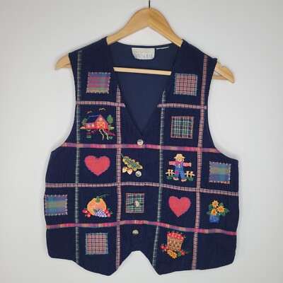 Vintage CASEY & MAX Blue Corduroy Fall Vest L Patchwork Quilt Embroidery Grandma