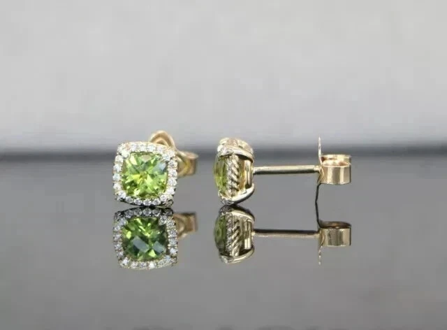 2.10Ct Cushion Cut Lab Created Peridot Halo Stud Earrings 14K Yellow Gold Plated - Image 4 of 4