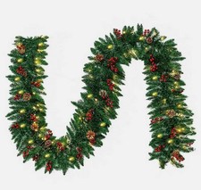 9FT Red Berries Christmas Garland Pine Cones Garlands with 50 LED Lights Decor