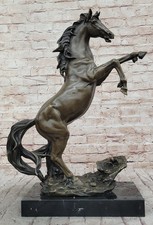 Grande Originale Allevamento Cavallo Bronzo Scultura Moderno Art Marmo Base Deco