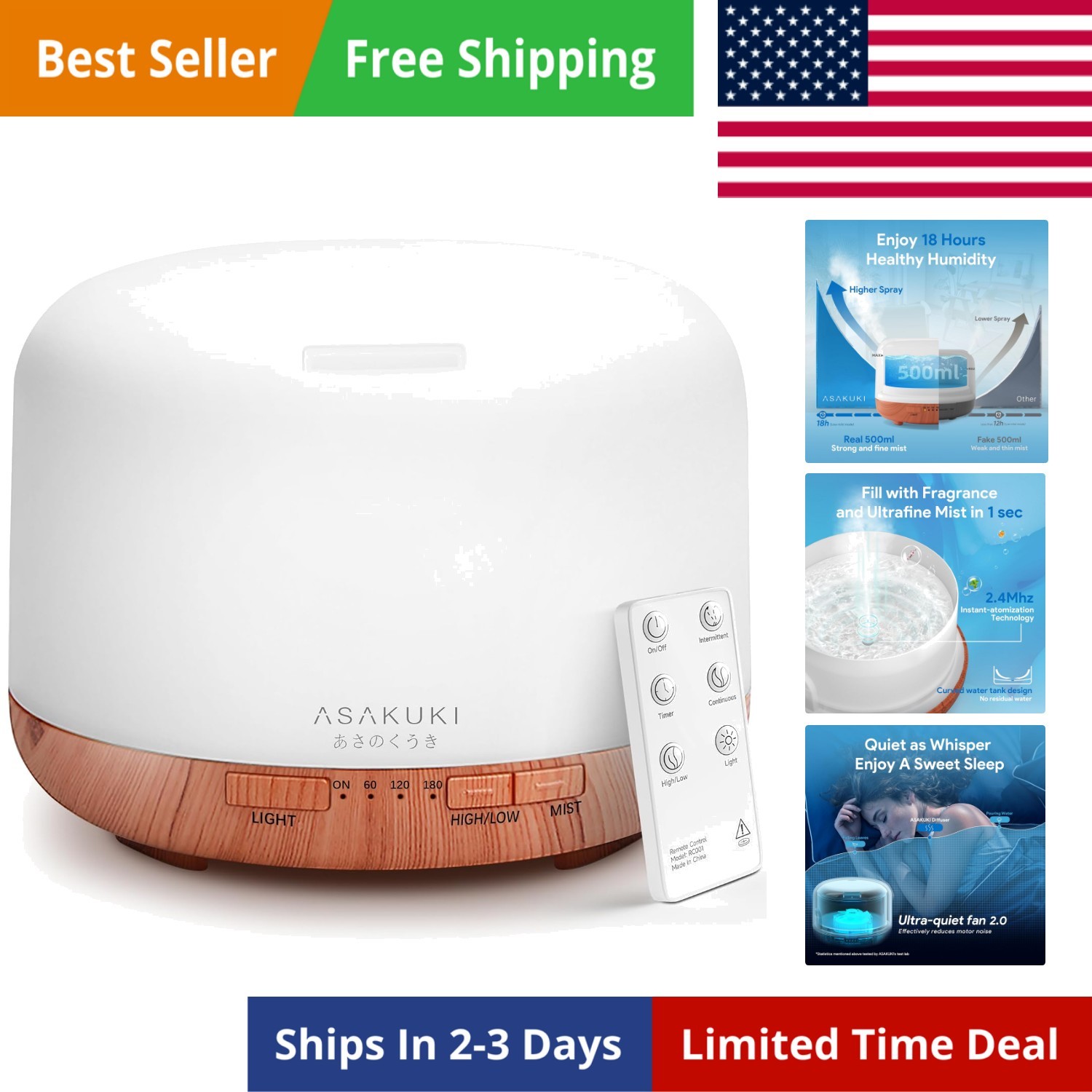 Essential Oil Diffuser for Home, 500ML Aromatherapy Diffuser Humidifier with ...