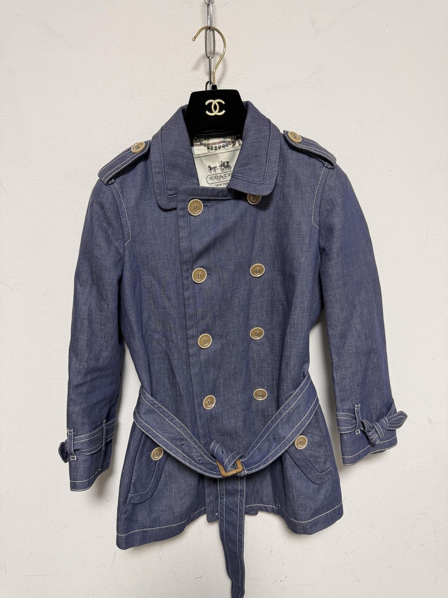 Coach Trench Coat Womens XS Blue Denim Double Breasted Belted