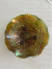 VTG Northwood Green Carnival Glass Wishbone Ruffled Footed Bowl