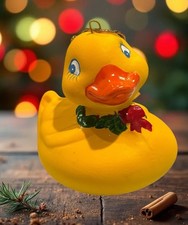 Vintage YELLOW RUBBER DUCKY Ornament With Christmas Wreath Around Neck 2 .5