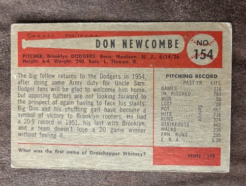 1954 BOWMAN #154 DON NEWCOMBE GOOD - Picture 2 of 2