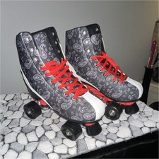 Black Paisley Pattern Roller Skates with Red Laces for Indoor and Outdoor Use