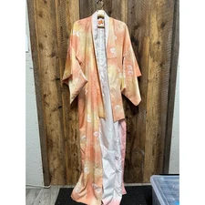 Vintage Japanese Silk Kimono Robe Peach Floral Shibori Boho Duster 1950's-1970's