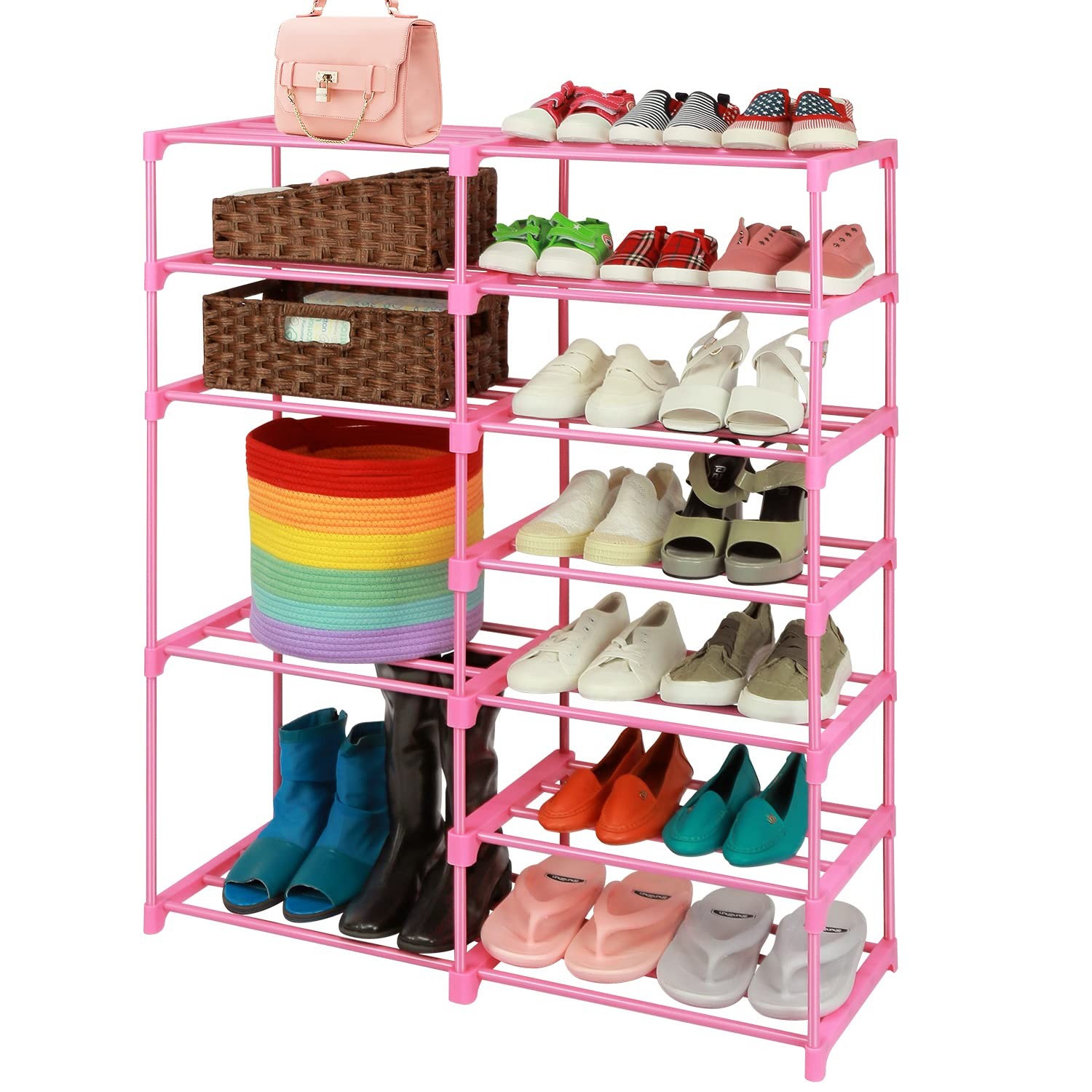 7-Tier Large Pink Shoe Rack, 24 -30 Pairs Tall Shoe Organizer Shelf, Kids Boo...
