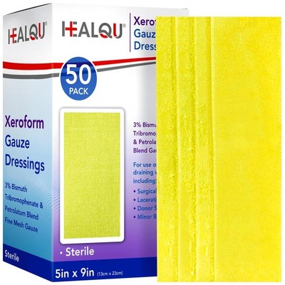 HEALQU Medical Xeroform Petrolatum Dressing - 5''x9'' (50 Pack), Yellow 