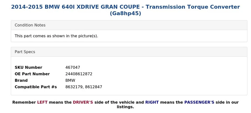 BMW 640I XDRIVE GRAN CUPÉ 2014-2015 - Convertidor de par de transmisión (Ga8hp45) Foto 4 de 4