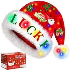 Light Up Santa Hat Lighted Christmas Hats for Men Adult with DIY Stickers Fun...