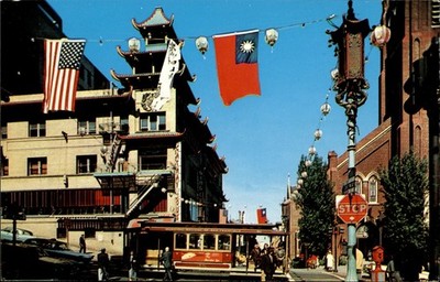 SF Chinatown Grant Ave Cable Car Republic of China Flag 1962 Pagoda St Marys